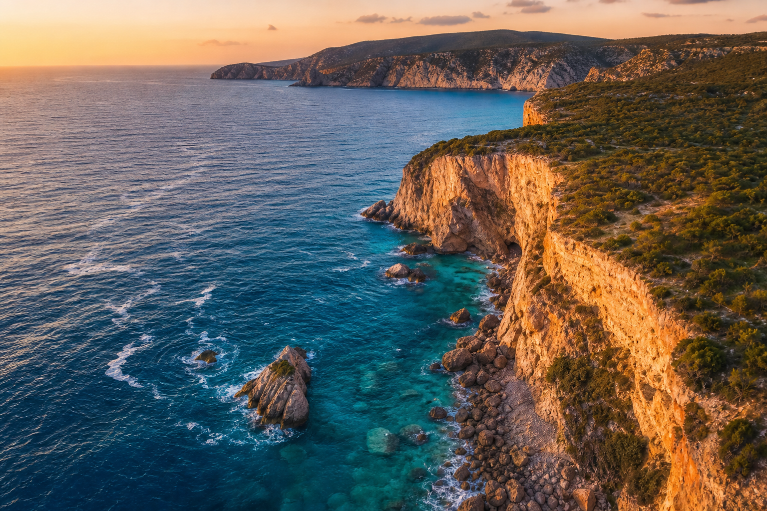 Ripresa aerea drone di una costa al tramonto